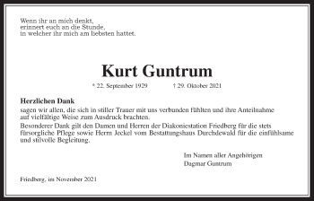 Traueranzeige von Kurt Guntrum von Wetterauer Zeitung