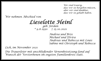 Traueranzeige von Lieselotte Heinl von Licher Wochenblatt