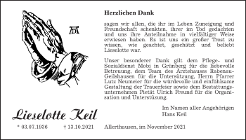 Traueranzeige von Lieselotte Keil von Rabenauer Zeitung, Allendorfer Mitteilungen