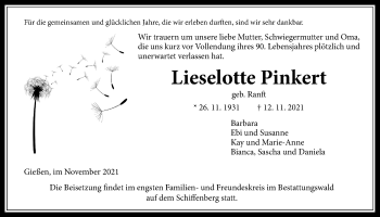 Traueranzeige von Lieselotte Pinkert von Giessener Allgemeine, Alsfelder Allgemeine, Giessener Allgemeine, Alsfelder Allgemeine, Giessener Anzeiger