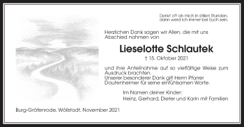Traueranzeige von Lieselotte Schlautek von Wetterauer Zeitung