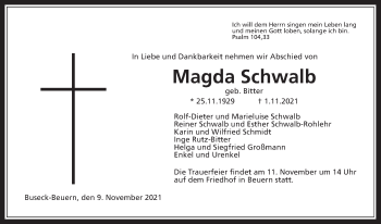 Traueranzeige von Magda Schwalb von Giessener Allgemeine, Alsfelder Allgemeine