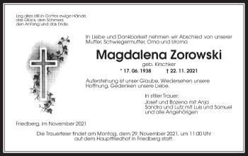 Traueranzeige von Magdalena Zorowski von Wetterauer Zeitung