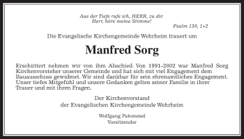 Traueranzeige von Manfred Sorg von Usinger Anzeiger