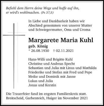 Traueranzeige von Margarete Maria Kuhl von Pohlheimer Nachrichten