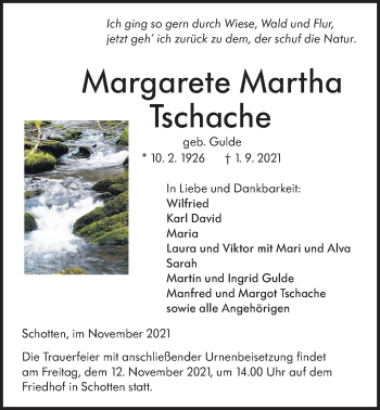 Traueranzeige von Margarete Martha Tschache 