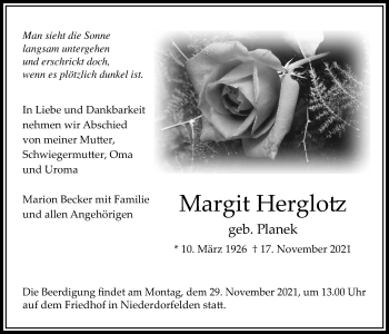 Traueranzeige von Margit Herglotz von Bad Vilbel/Karben