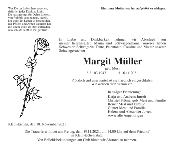 Traueranzeige von Margit Müller von Giessener Allgemeine, Alsfelder Allgemeine