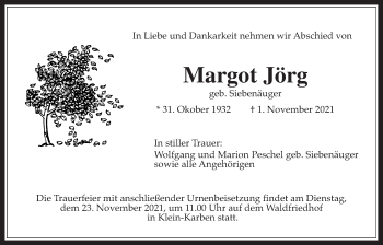Traueranzeige von Margot Jörg von Bad Vilbel/Karben