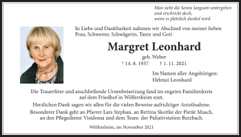 Traueranzeige von Margret Leonhard von Wetterauer Zeitung, Wetterauer Zeitung