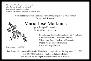 Traueranzeige von Maria Jose Malkmus von Bad Vilbel/Karben