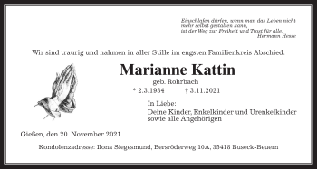 Traueranzeige von Marianne Kattin von Giessener Allgemeine, Alsfelder Allgemeine, Giessener Allgemeine, Alsfelder Allgemeine, Giessener Anzeiger