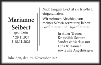 Traueranzeige von Marianne Seibert von Licher Wochenblatt