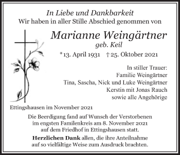 Traueranzeige von Marianne Weingärtner von Licher Wochenblatt