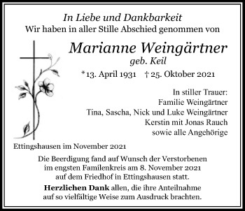 Traueranzeige von Marianne Weingärtner von Laubacher Anzeiger