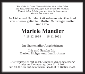 Traueranzeige von Mariele Mandler von Giessener Allgemeine, Alsfelder Allgemeine