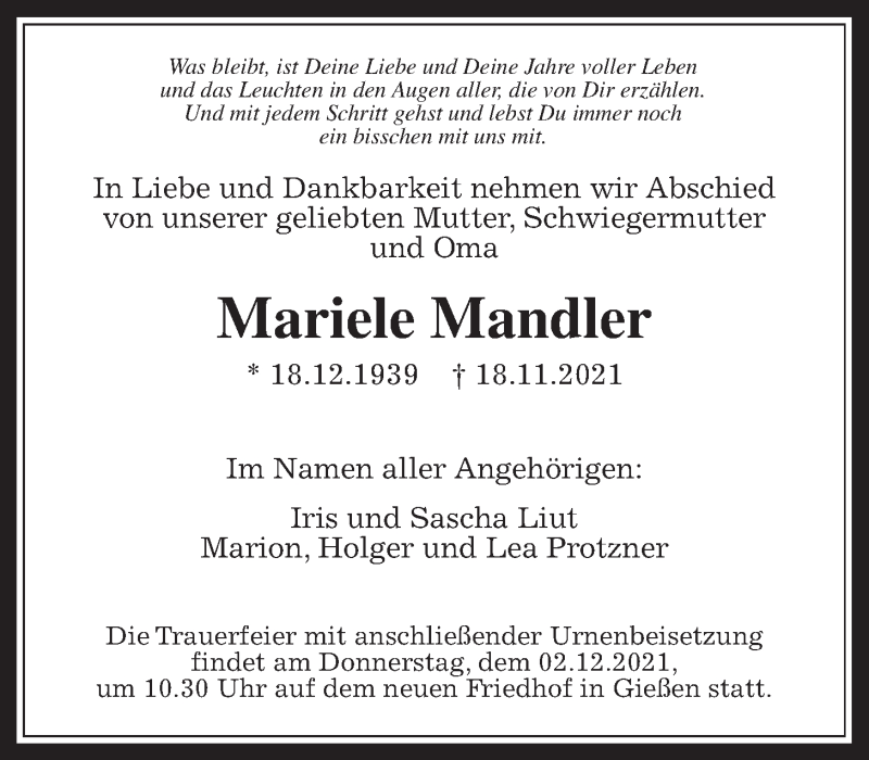  Traueranzeige für Mariele Mandler vom 27.11.2021 aus Giessener Allgemeine, Alsfelder Allgemeine