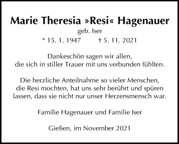 Traueranzeige von Marie Theresia Hagenauer von Giessener Allgemeine, Alsfelder Allgemeine, Giessener Anzeiger