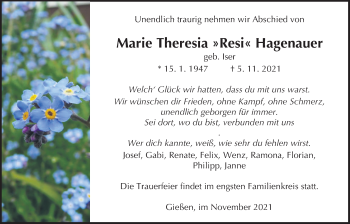 Traueranzeige von Marie Theresia Hagenauer von Giessener Allgemeine, Alsfelder Allgemeine