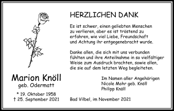 Traueranzeige von Marion Knöll von Bad Vilbel/Karben