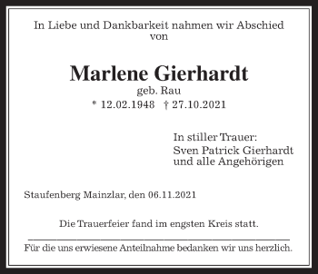 Traueranzeige von Marlene Gierhardt von Giessener Allgemeine, Alsfelder Allgemeine