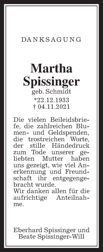 Traueranzeige von Martha Spissinger von Giessener Allgemeine, Alsfelder Allgemeine
