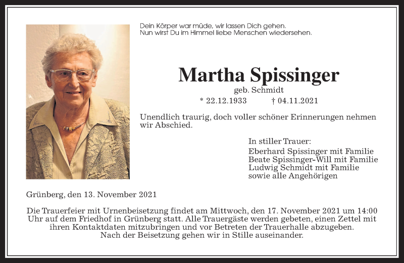  Traueranzeige für Martha Spissinger vom 13.11.2021 aus Giessener Allgemeine, Alsfelder Allgemeine