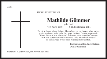Traueranzeige von Mathilde Gömmer von Wetterauer Zeitung