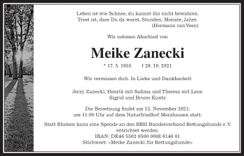 Traueranzeige von Meike Zanecki 
