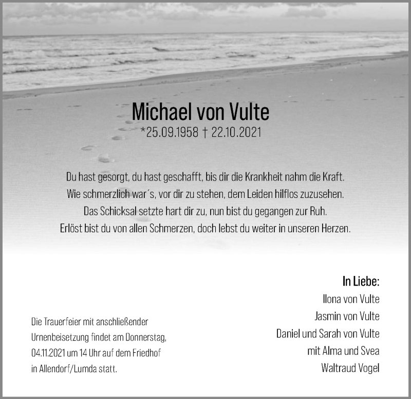  Traueranzeige für Michael von Vulte vom 01.11.2021 aus Giessener Allgemeine, Alsfelder Allgemeine