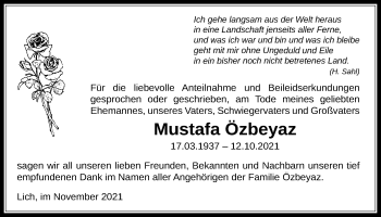 Traueranzeige von Mustafa Özbeyaz von Licher Wochenblatt