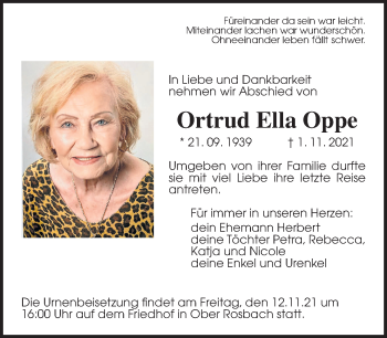 Traueranzeige von Ortrud Ella Oppe von Wetterauer Zeitung