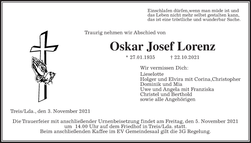  Traueranzeige für Oskar Josef Lorenz vom 03.11.2021 aus Giessener Allgemeine, Alsfelder Allgemeine