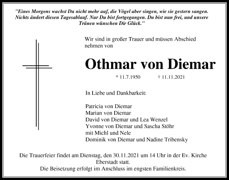  Traueranzeige für Othmar von Diemar vom 25.11.2021 aus Licher Wochenblatt