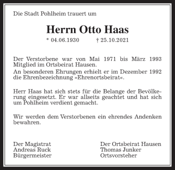 Traueranzeige von Otto Haas von Pohlheimer Nachrichten