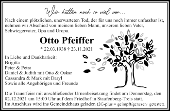 Traueranzeige von Otto Pfeiffer von Giessener Allgemeine, Alsfelder Allgemeine, Giessener Anzeiger
