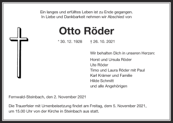 Traueranzeige von Otto Röder von Giessener Allgemeine, Alsfelder Allgemeine