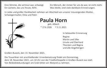 Traueranzeige von Paula Horn von Giessener Allgemeine, Alsfelder Allgemeine