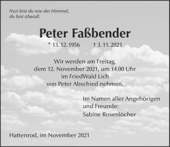 Traueranzeige von Peter Faßbender von Licher Wochenblatt