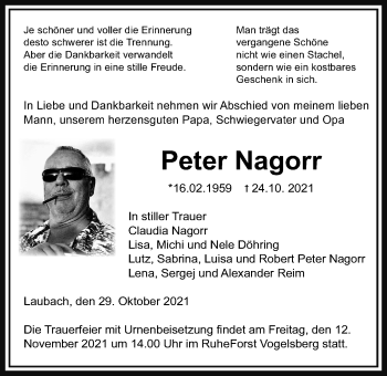 Traueranzeige von Peter Nagorr von Giessener Allgemeine, Alsfelder Allgemeine