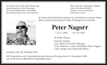 Traueranzeige von Peter Nagorr von Laubacher Anzeiger