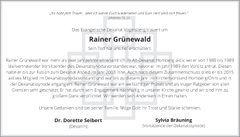 Traueranzeige von Rainer Grünewald von Alsfelder Allgemeine