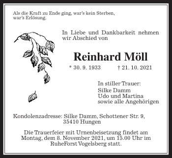 Traueranzeige von Reinhard Möll von Licher Wochenblatt