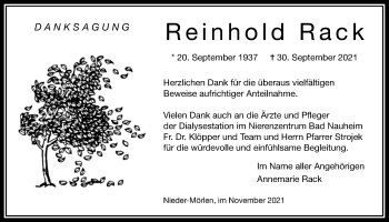Traueranzeige von Reinhold Rack von Wetterauer Zeitung
