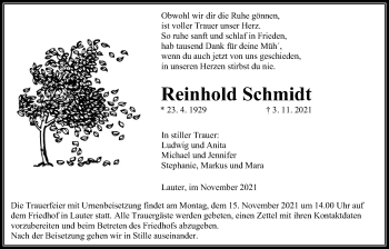Traueranzeige von Reinhold Schmidt von Giessener Allgemeine, Alsfelder Allgemeine