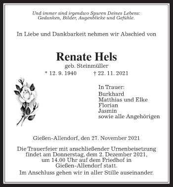 Traueranzeige von Renate Hels von Giessener Allgemeine, Alsfelder Allgemeine, Giessener Anzeiger