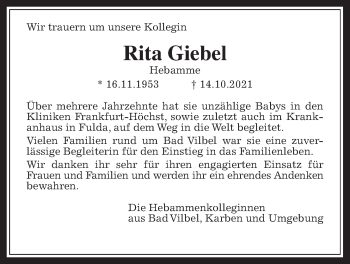 Traueranzeige von Rita Giebel von Bad Vilbel/Karben