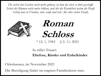 Traueranzeige von Roman Schloss 
