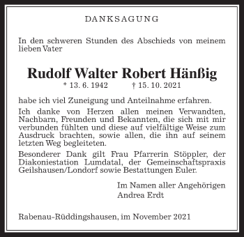 Traueranzeige von Rudolf Walter Robert Hänßig von Rabenauer Zeitung
