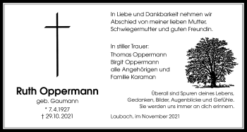 Traueranzeige von Ruth Oppermann von Laubacher Anzeiger